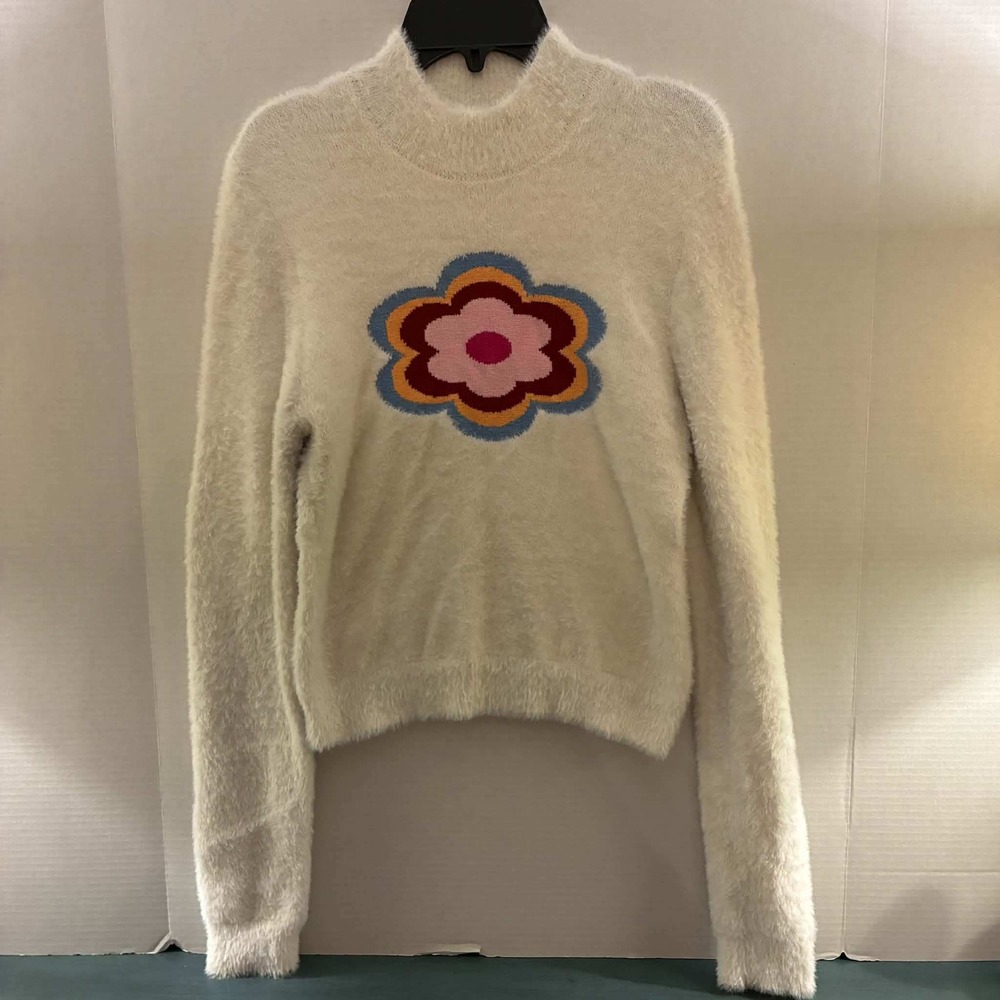 Forever 21 Sweater Women L Ivory Fuzzy Floral Flower Pullover Crew Neck Y2K Knit